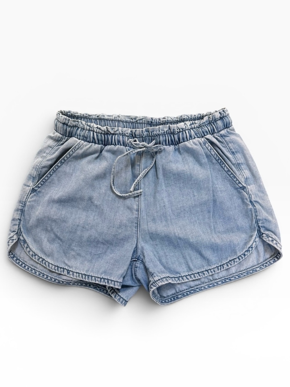 American Eagle Chambray Dolphin Hem Drawstring Shorts XS Light Wash - Picture 2 of 6